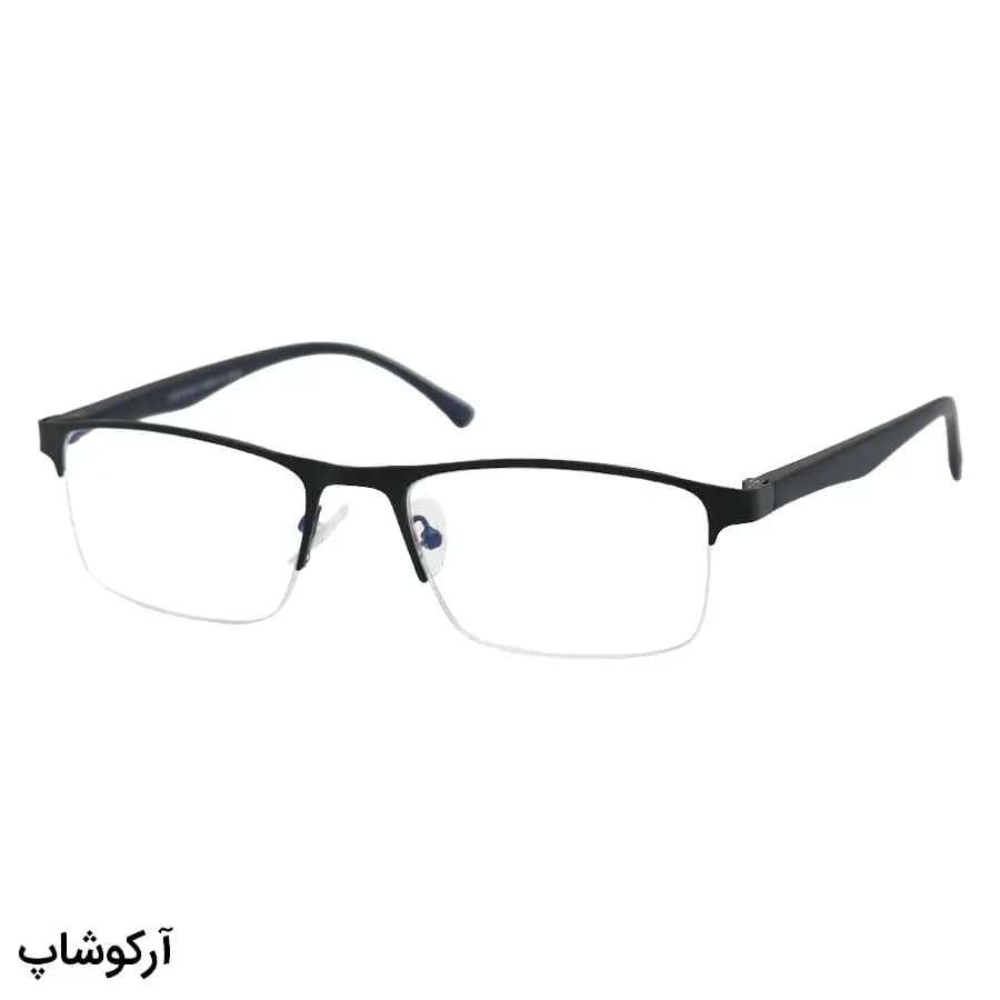 عینک مطالعه نزدیک بین نمره +1.75 با فریم مشکی، مستطیلی، دسته فنری، طرح نیم‌فریم و لنز بلوکات و آنتی رفلکس مدل Zooxsky