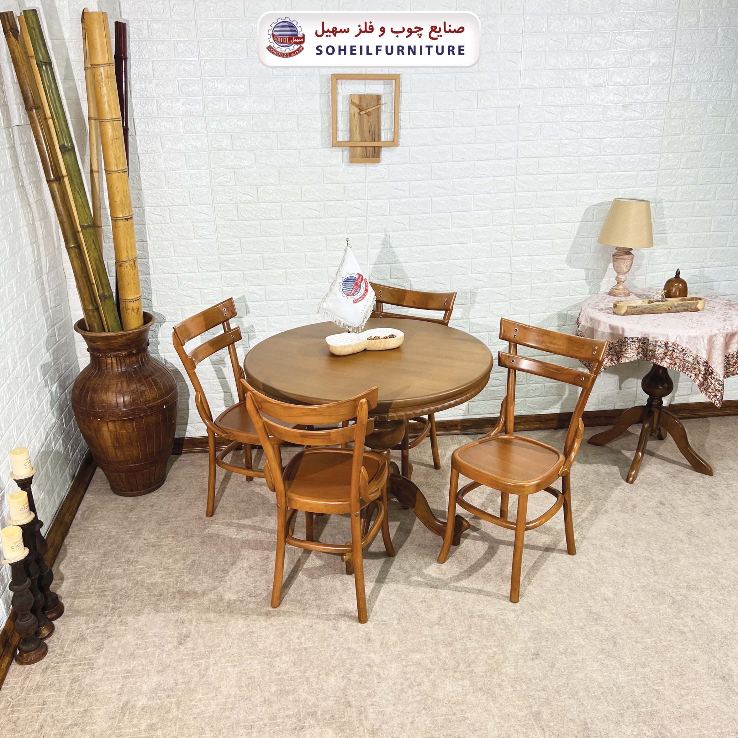 میز ناهارخوری چوبی صفحه گردان دار گرد 4نفره و 6نفره مدل عروس سهیل (چوب سوپر راش گرجستان) — تصویر ۳