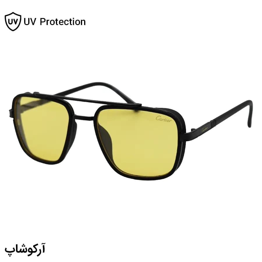 عینک دید در شب Cartier با فریم رنگ مشکی، شکل چندضلعی، لنز زرد و دسته سیم‌دار مدل 8052