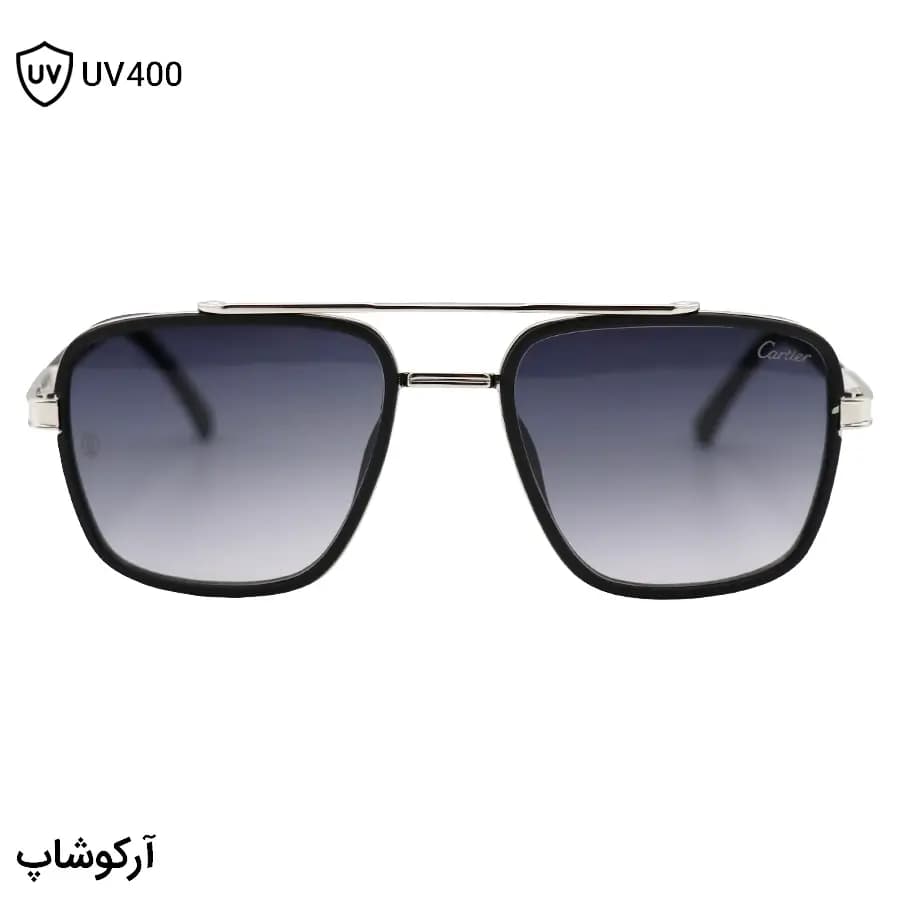 عینک آفتابی کارتیه با فریم رنگ نقره‌ای و مشکی، شکل چندضلعی، لنز دودی هایلایت و دسته سیم‌دار مدل 8052 — تصویر ۳