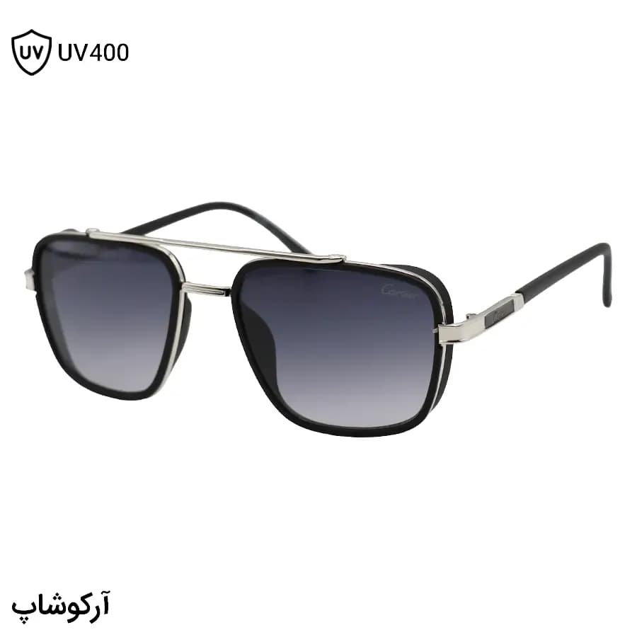 عینک آفتابی کارتیه با فریم رنگ نقره‌ای و مشکی، شکل چندضلعی، لنز دودی هایلایت و دسته سیم‌دار مدل 8052