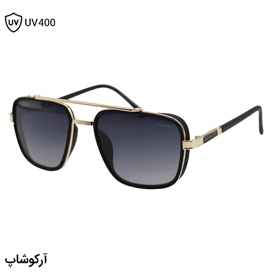 عینک آفتابی Cartier با فریم رنگ طلایی و مشکی، شکل چندضلعی، لنز دودی هایلایت و دسته سیم‌دار مدل 8052