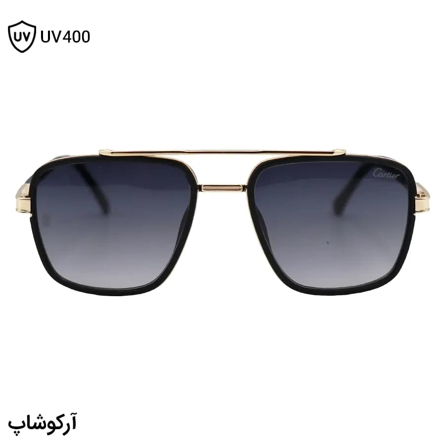 عینک آفتابی Cartier با فریم رنگ طلایی و مشکی، شکل چندضلعی، لنز دودی هایلایت و دسته سیم‌دار مدل 8052 — تصویر ۳