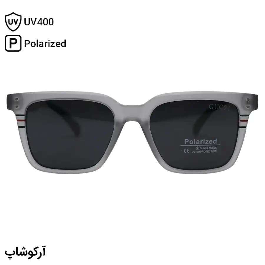عینک آفتابی گوچی با فریم رنگ طوسی مات، شکل مربعی و لنز دودی تیره و پلاریزه مدل P7123 — تصویر ۳