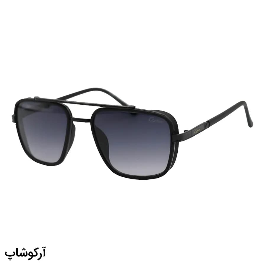 عینک آفتابی Cartier با فریم رنگ مشکی، شکل چندضلعی، لنز دودی سایه روشن و دسته سیم‌دار مدل 8052