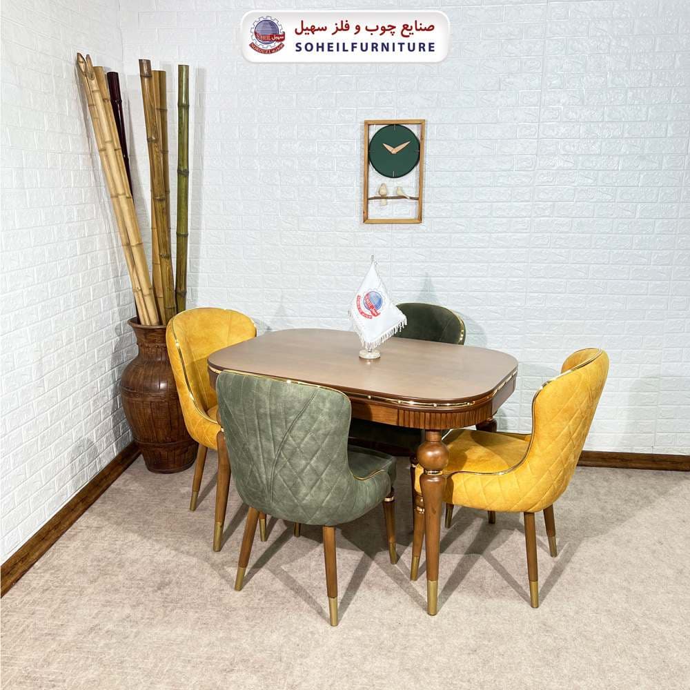 ست ناهارخوری چوبی 4نفره مدل دنا سهیل پارچه کرم — تصویر ۲