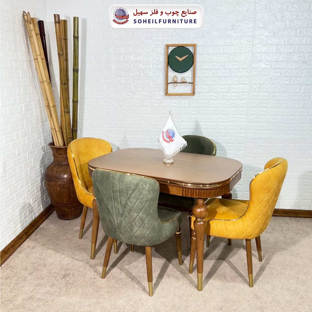 ست ناهارخوری چوبی 4نفره مدل دنا سهیل پارچه کرم — تصویر ۴