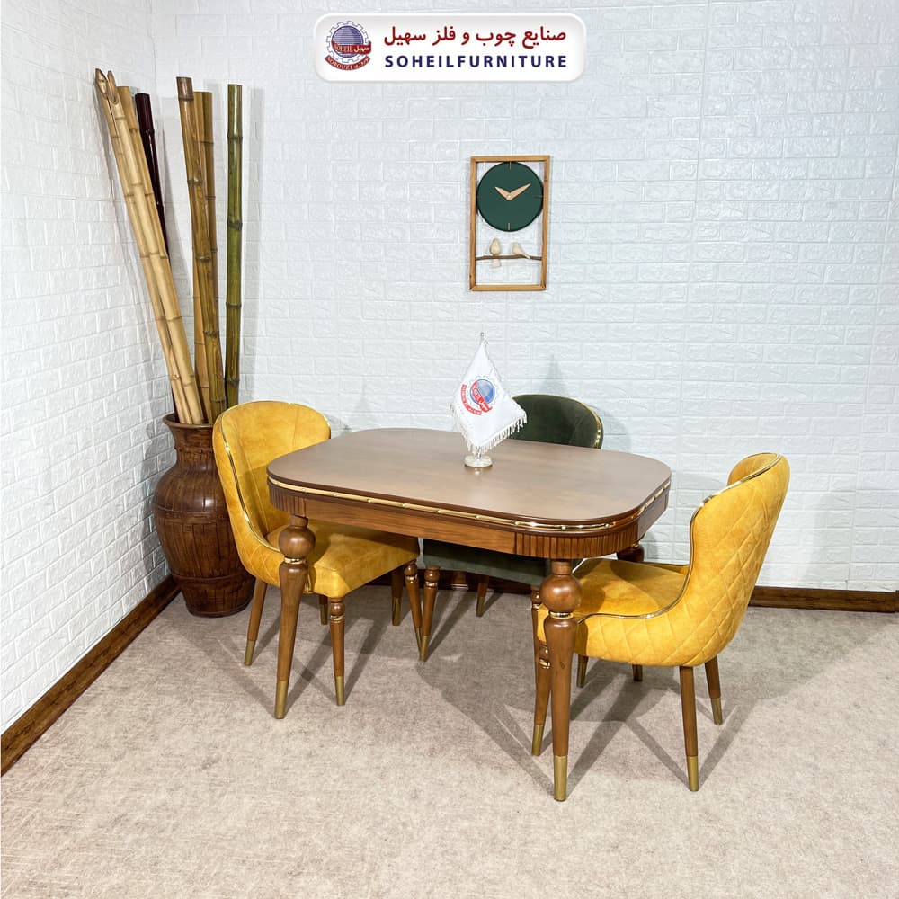 ست ناهارخوری چوبی 4نفره مدل دنا سهیل پارچه کرم — تصویر ۳