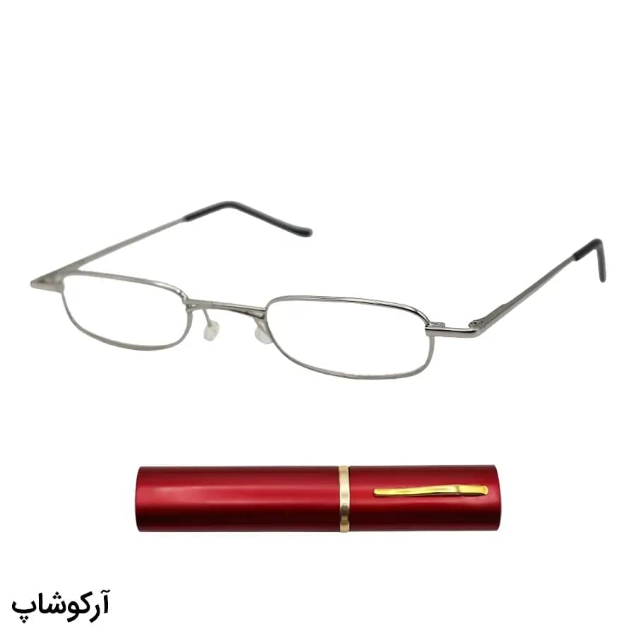 عینک مطالعه طرح خودکاری با نمره +1.00 نزدیک بین، فریم مستطیلی، رنگ نقره‌ای، دسته فنری و قاب قرمز مدل ARG006