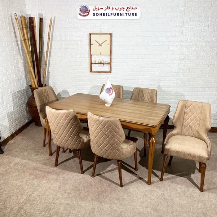 ست ناهارخوری چوبی ۴نفره و ۶نفره سارینا و صندلی هلنا پشت پارچه سهیل