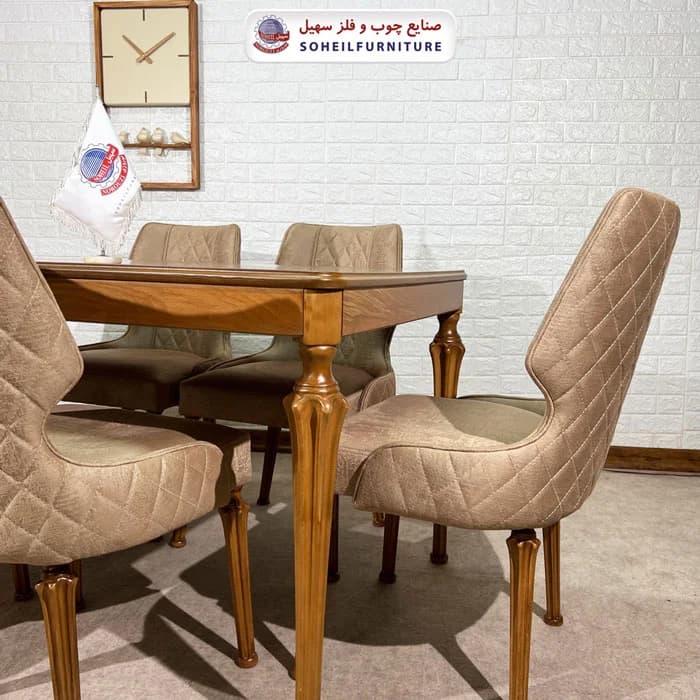 ست ناهارخوری چوبی ۴نفره و ۶نفره سارینا و صندلی هلنا پشت پارچه سهیل — تصویر ۵