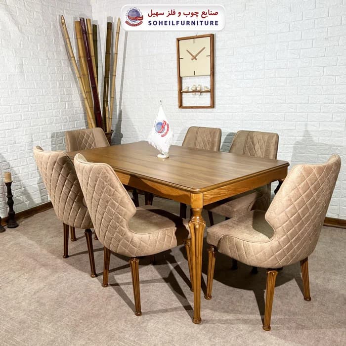 ست ناهارخوری چوبی ۴نفره و ۶نفره سارینا و صندلی هلنا پشت پارچه سهیل — تصویر ۲