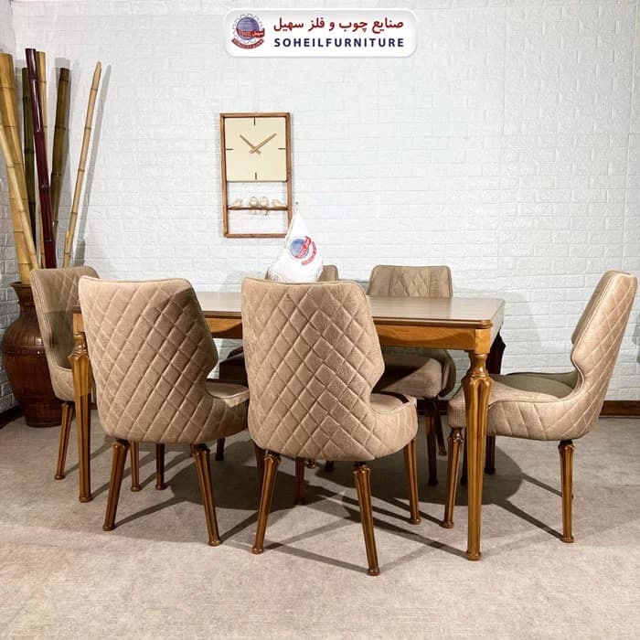 ست ناهارخوری چوبی ۴نفره و ۶نفره سارینا و صندلی هلنا پشت پارچه سهیل — تصویر ۳