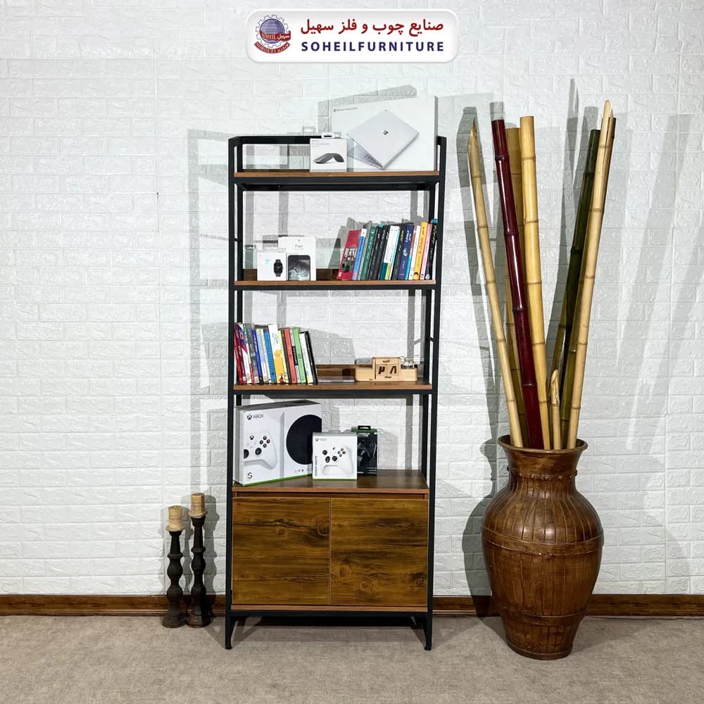 استند کتابخانه MDF و فلز سهیل کمد دار