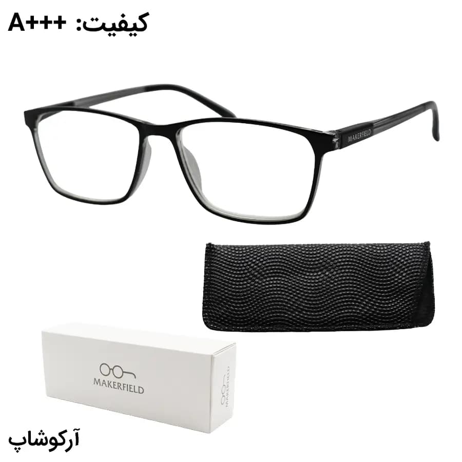 عینک مطالعه نزدیک بین نمره +3.50 با فریم مشکی، شکل مستطیلی، لولا فنری و برند MakerField مدل H104