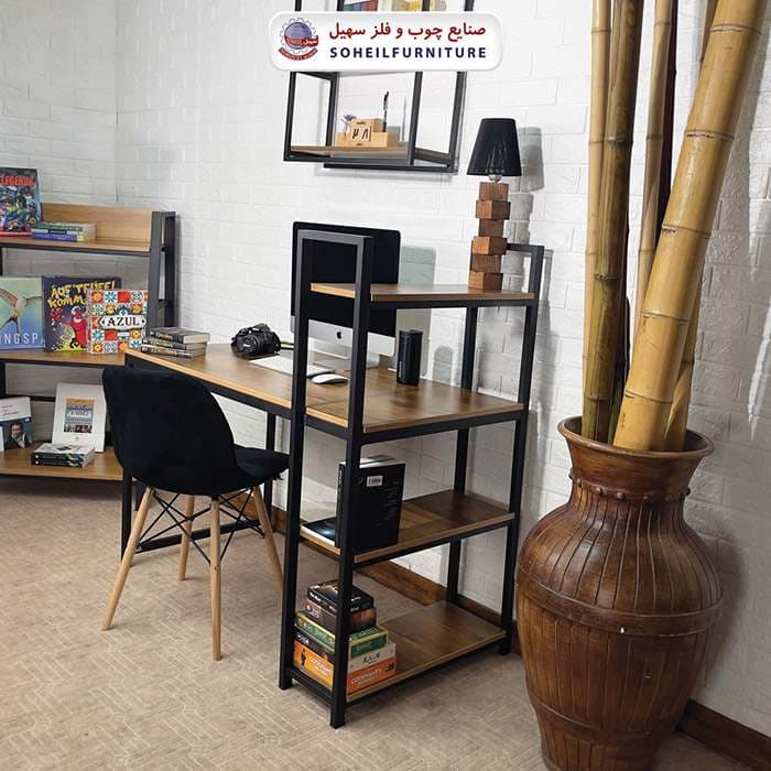 میز تحریر(میز کامپیوتر) MDF و فلز سهیل مدل بغل کتابخانه دار دوطرفه — تصویر ۸