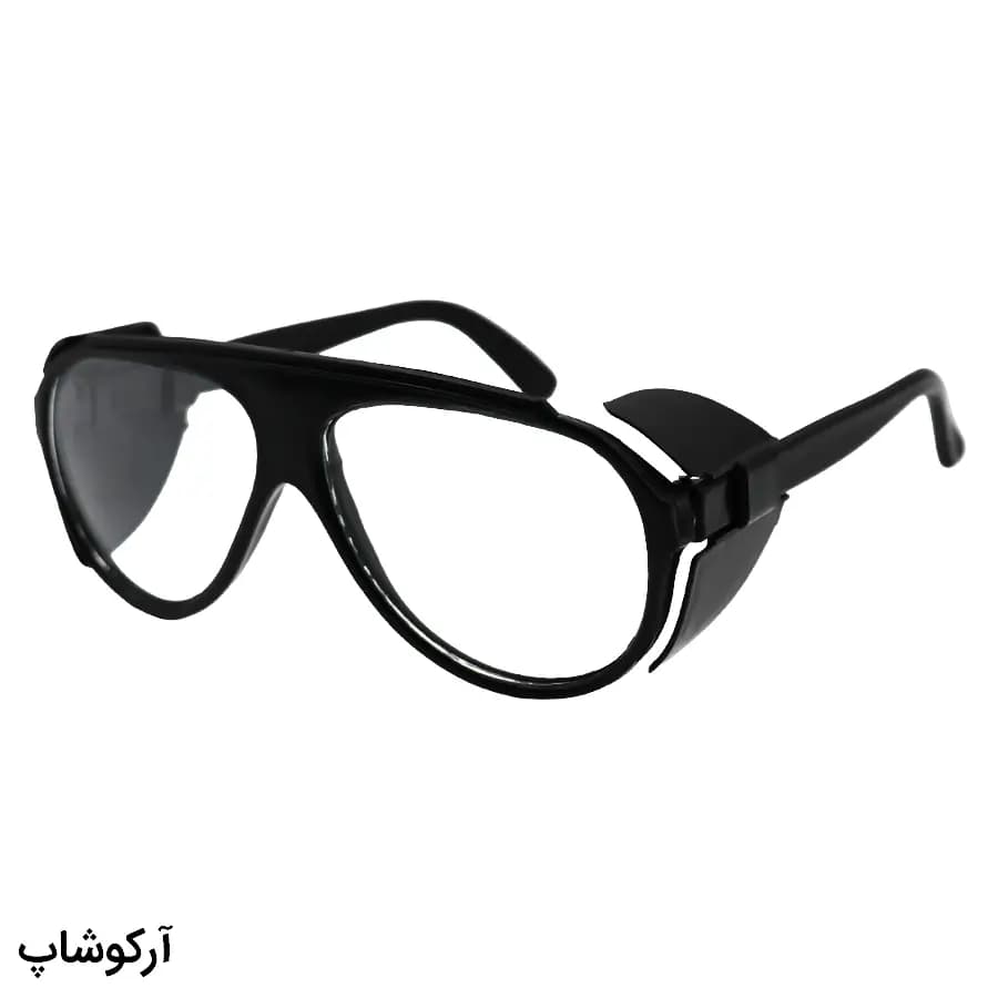 عینک کار و ایمنی با فریم و دسته رنگ مشکی، شکل خلبانی، بغل‌دار و لنز بی‌رنگ و شفاف مدل 310