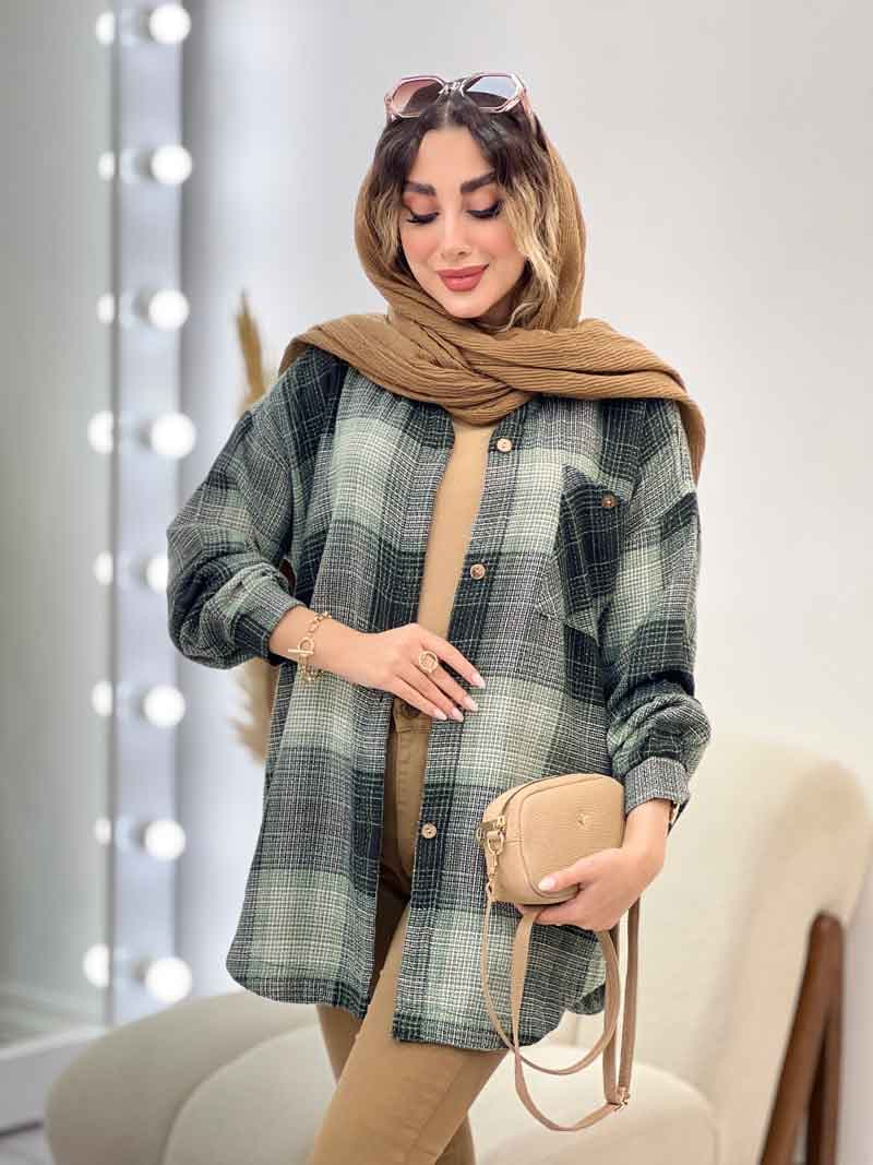 مانتو چهارخونه جیب دکمه آنیل کد 5284 — تصویر ۲