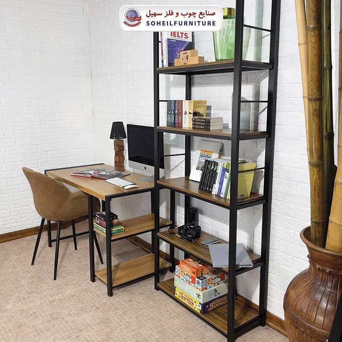استند کتابخانه MDF و فلز سهیل مدل 440 ساده (پنج طبقه) — تصویر ۲