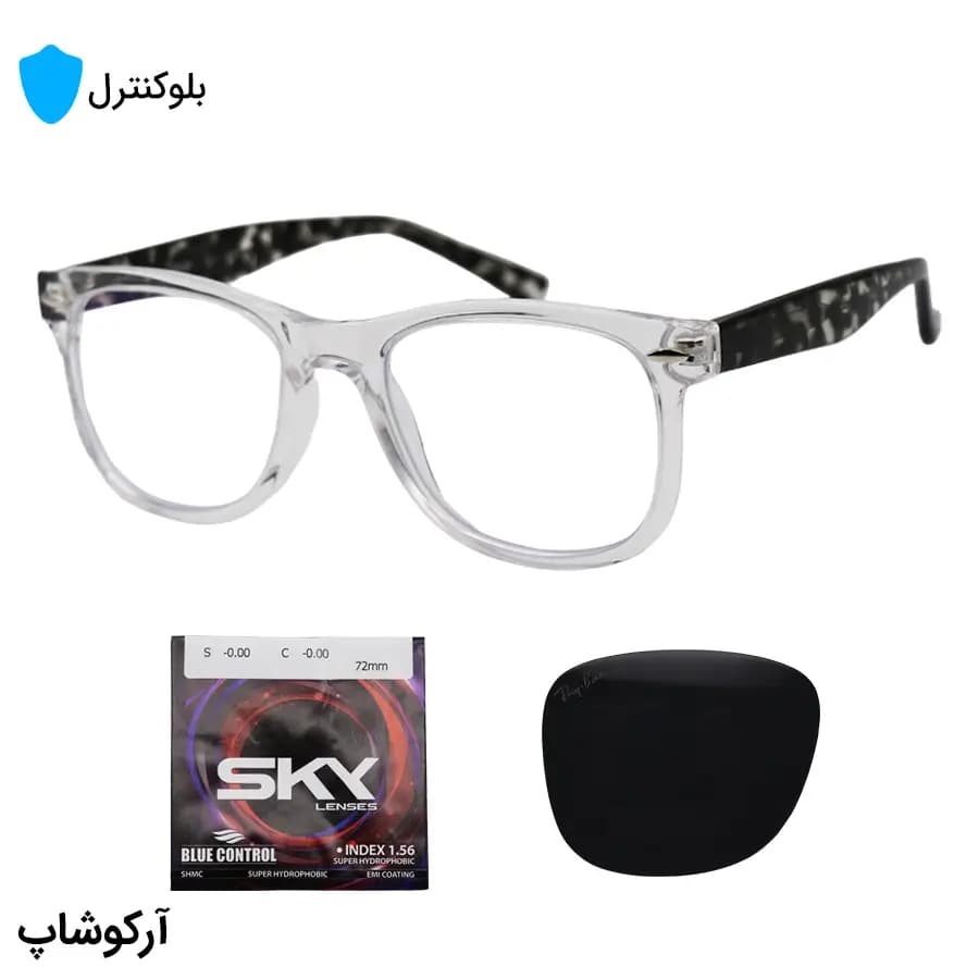 عینک بلوکنترل با فریم شکل ویفرر، رنگ شفاف، دسته سیم‌دار و مشکی برند Ray-Ban و لنز بلوکنترل کره‌ای برند SKY مدل 66805
