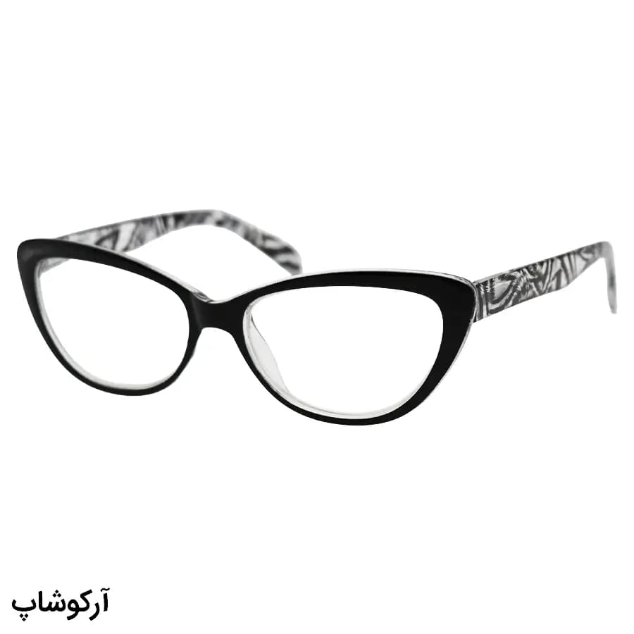 عینک مطالعه نزدیک بین نمره +3.00 با فریم رنگ مشکی، شکل چشم گربه‌ای و دسته طرح‌دار مدل FB2006