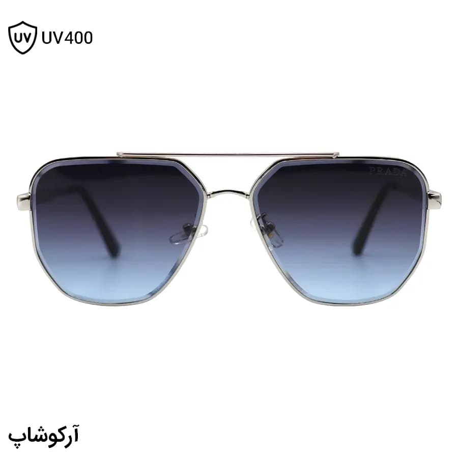 عینک آفتابی Prada با فریم شکل چندضلعی، نقرهای رنگ و عدسی آبی تیره و سایه روشن مدل 22410 — تصویر ۳