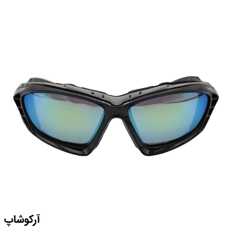 عینک ورزشی OAKLEY با فریم مشکی رنگ، بیسدار و لنز آینهای و جیوهای رنگ آبی مدل 5347 — تصویر ۳