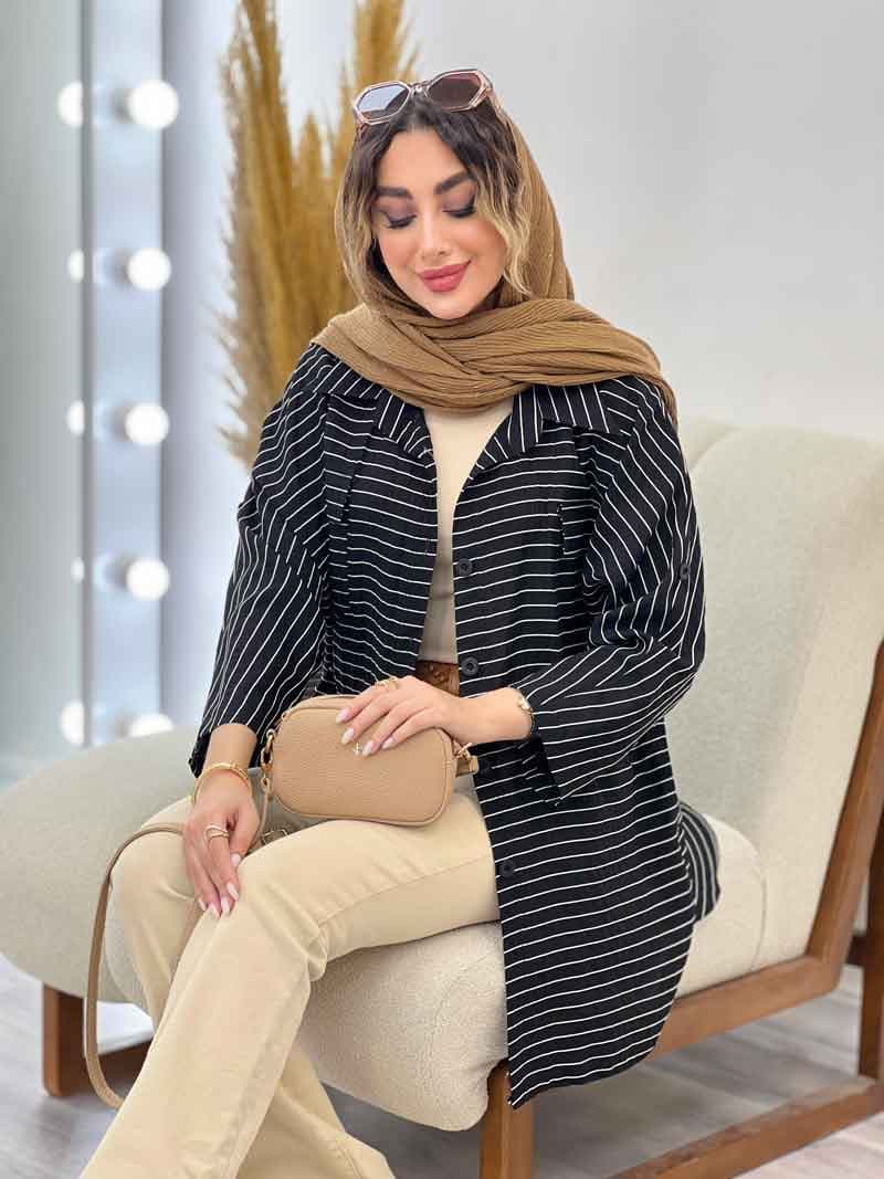 مانتو راه راه دو جیب پاکتی پایین هلال کد 5215 — تصویر ۶