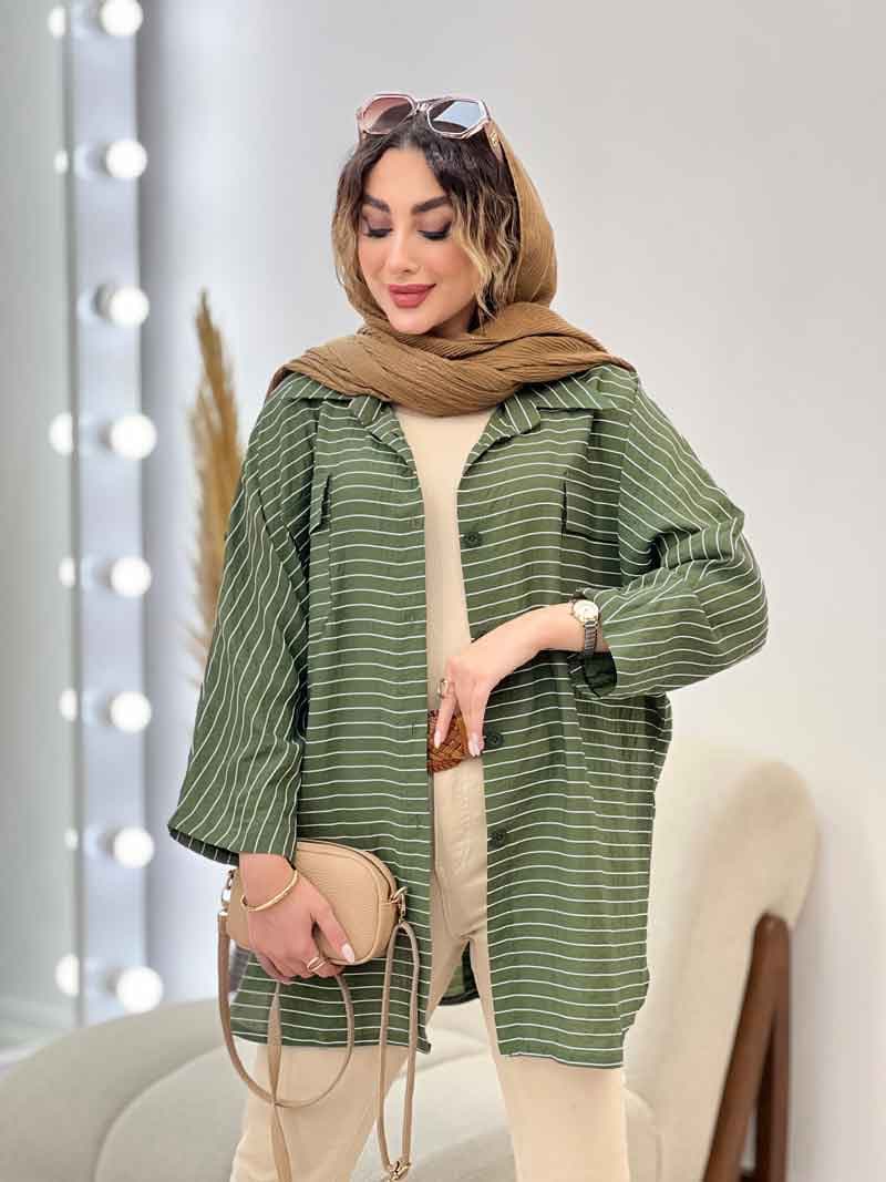 مانتو راه راه دو جیب پاکتی پایین هلال کد 5215 — تصویر ۲