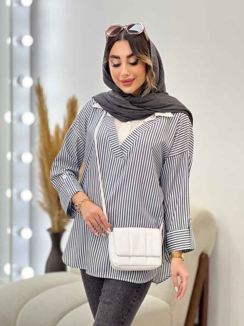 شومیز راه راه ترکیبی جلو بسته کد 5196 — تصویر ۶