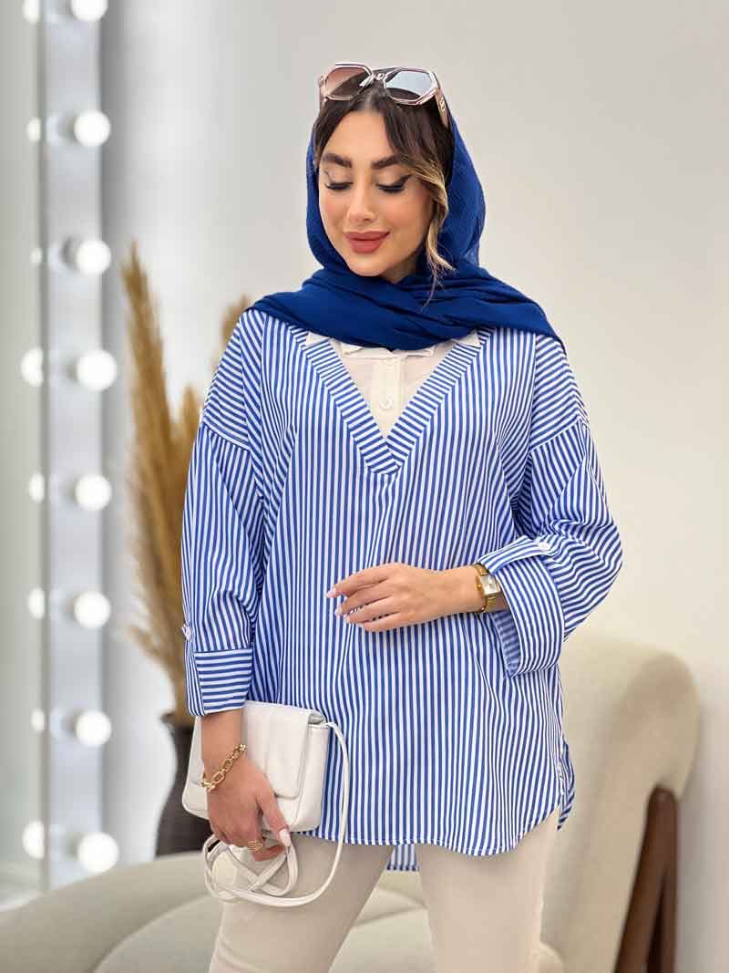 شومیز راه راه ترکیبی جلو بسته کد 5196 — تصویر ۵