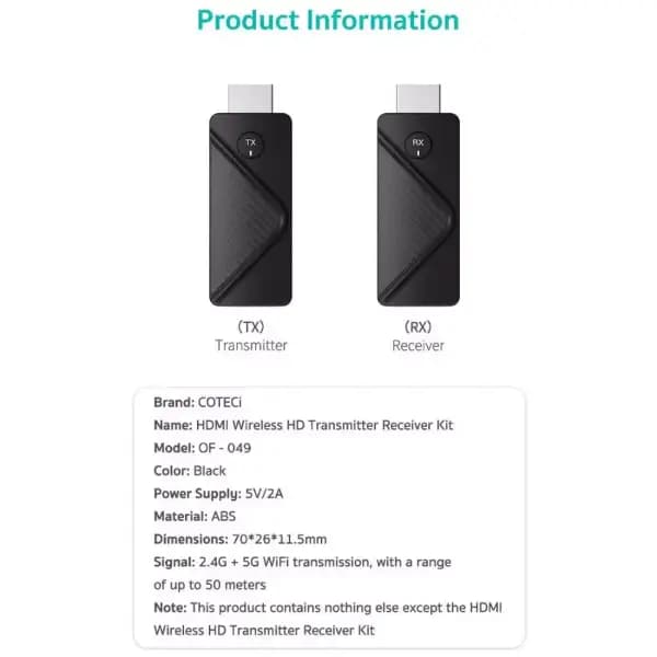 کیت فرستنده و گیرنده تصویر بی سیم HDMI با برد ۵۰ متر کوتسی مدل Coteci OF-049 Wireless HDMI Kit 50m — تصویر ۳