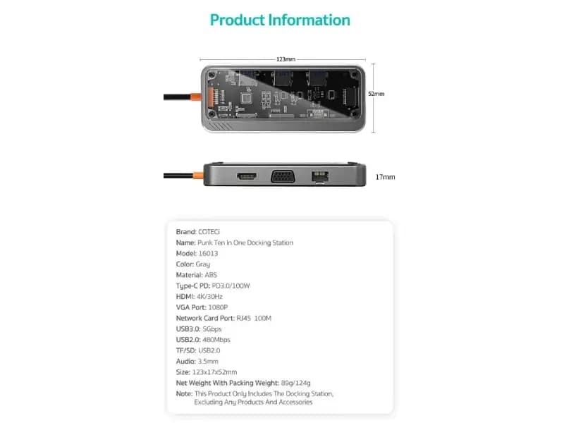 هاب 10پورت Type-C کوتسی مدل Coteci 16013 10-in-1 Multifunctional TYPE-C Docking — تصویر ۳