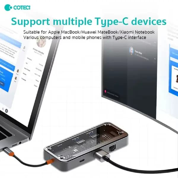 هاب 8 پورت Type-C کوتسی مدل Coteci 16016 8-in-1 Transparent USB-C Hub — تصویر ۵