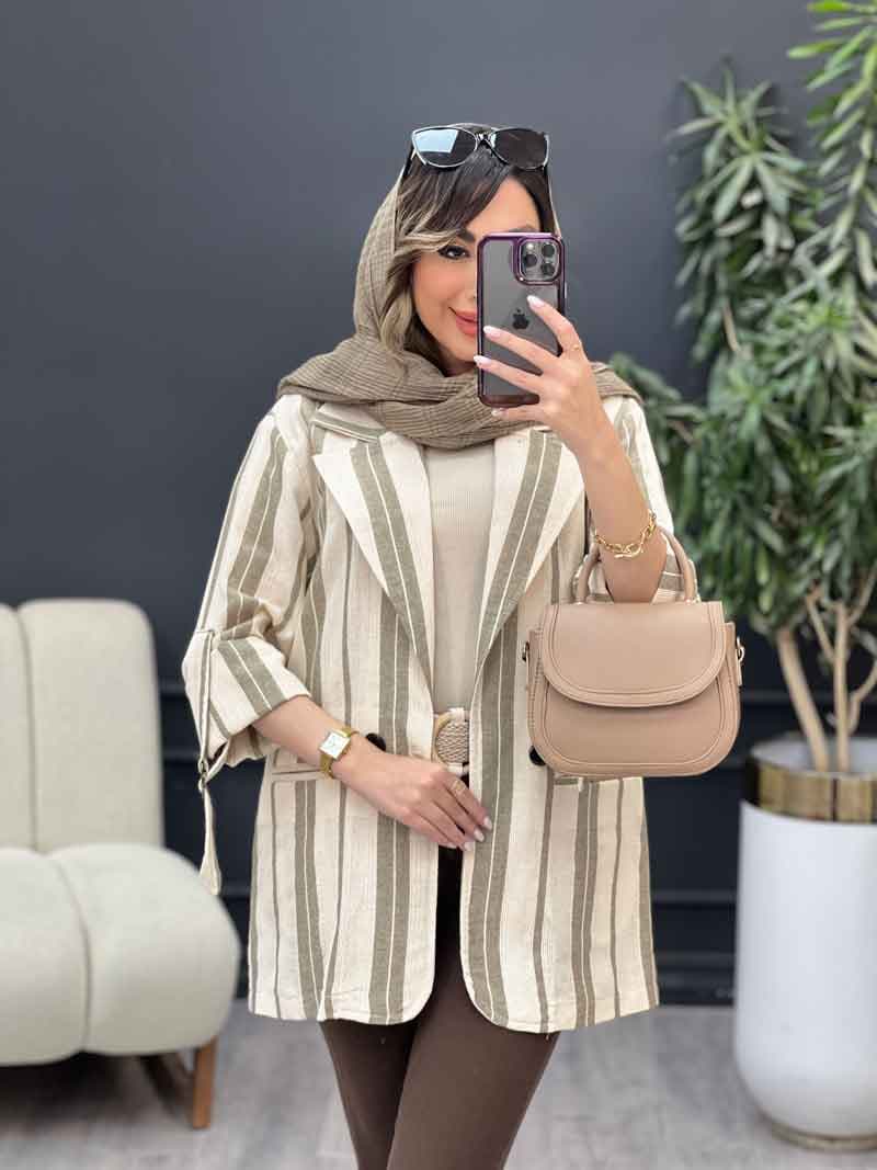 مانتو راه راه آستین سگک دو دکمه کد 5200 — تصویر ۳