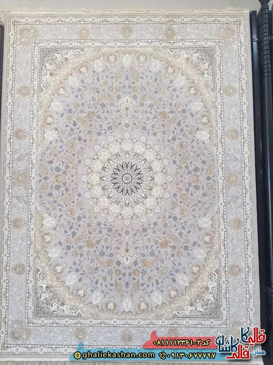 فرش طلاکوب 1200 شانه طرح اصفهان رنگ کرم صدفی گل برجسته کاشان