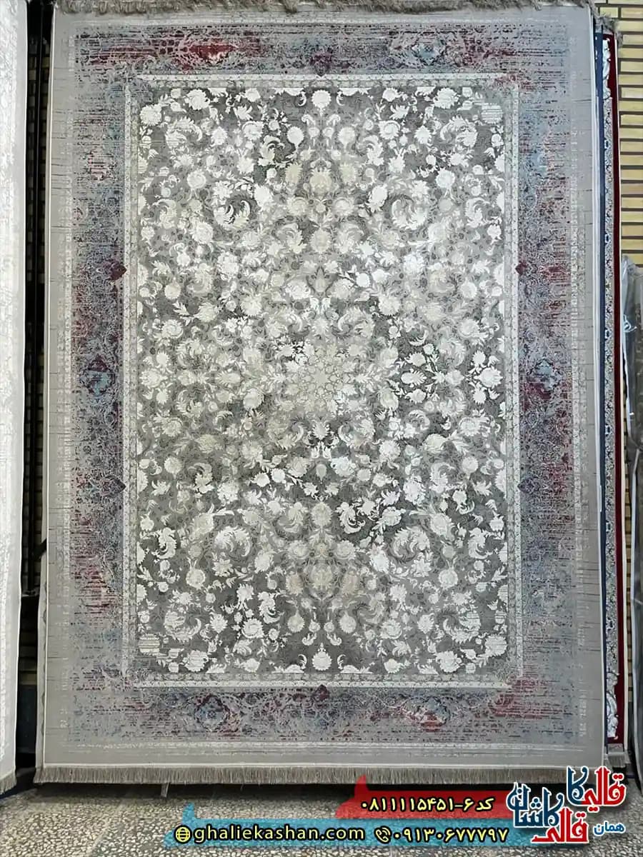 فرش وینتیج 1500 شانه طرح افشان نسیم رنگ طوسی قرمز گل برجسته کاشان