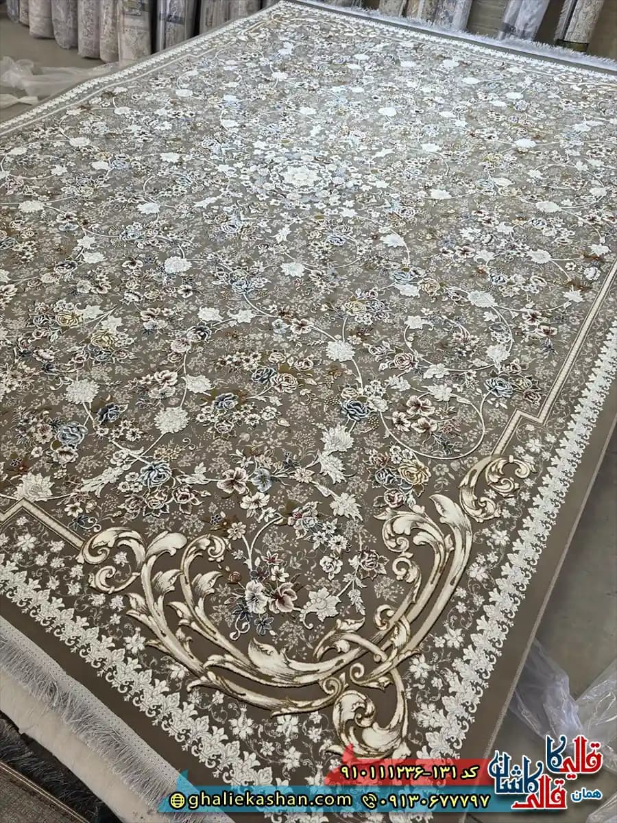 فرش 1200 شانه طرح افشان گندم رنگ قهوه ای شکلاتی گل برجسته کاشان — تصویر ۲