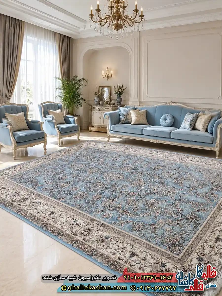 فرش 1200 شانه طرح افشان آتیلا رنگ آبی کاشان