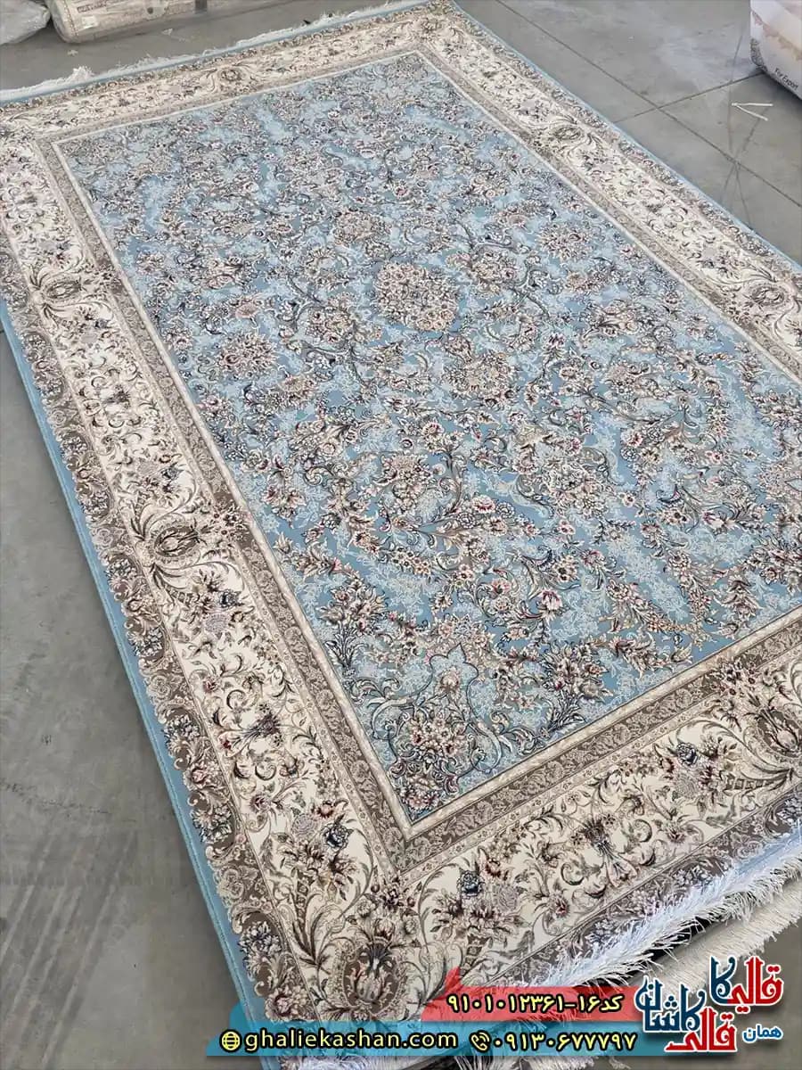 فرش 1200 شانه طرح افشان آتیلا رنگ آبی کاشان — تصویر ۲