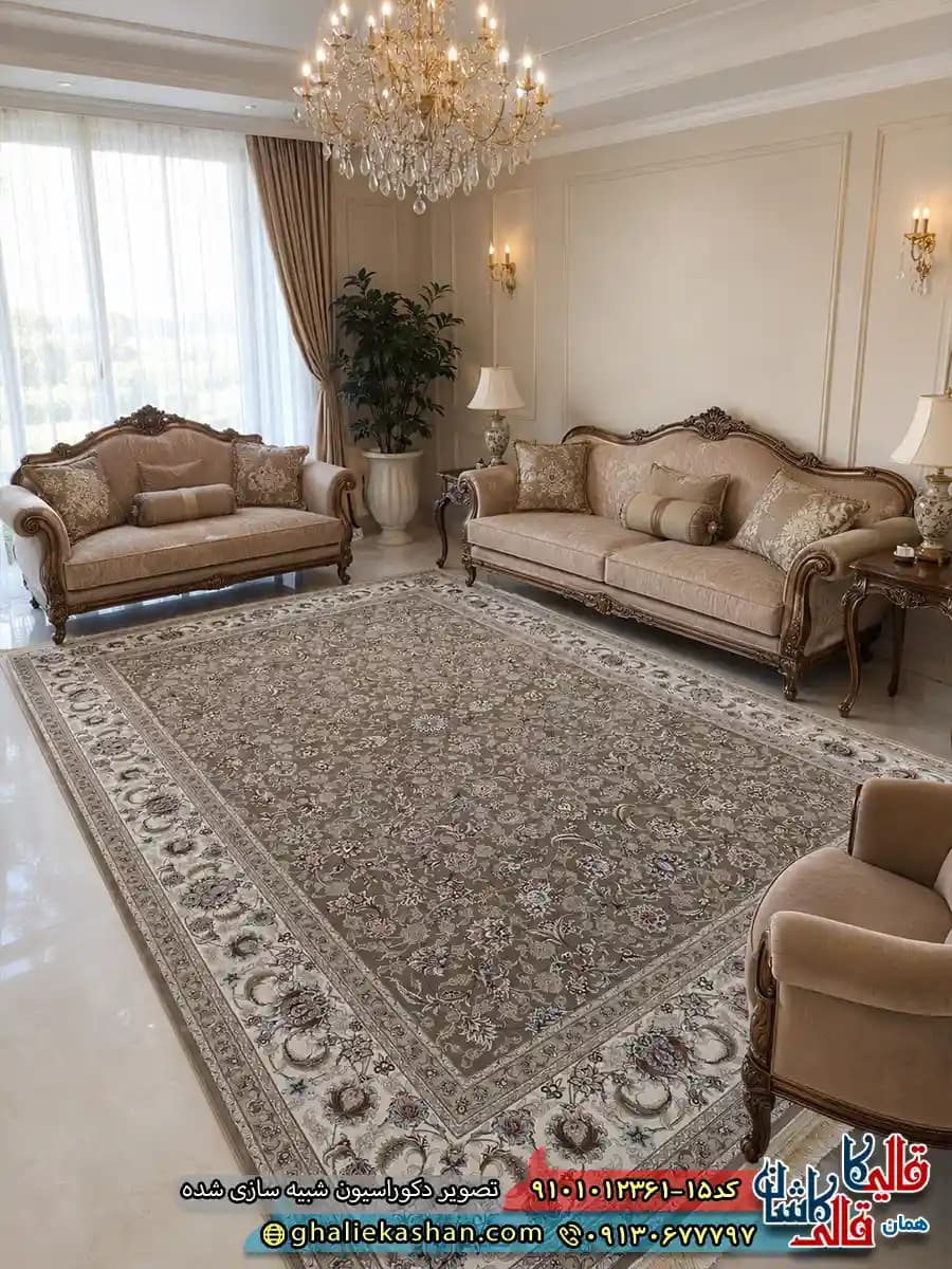 فرش کلاسیک 1200 شانه طرح افشان زرگل رنگ قهوه ای کاراملی کاشان