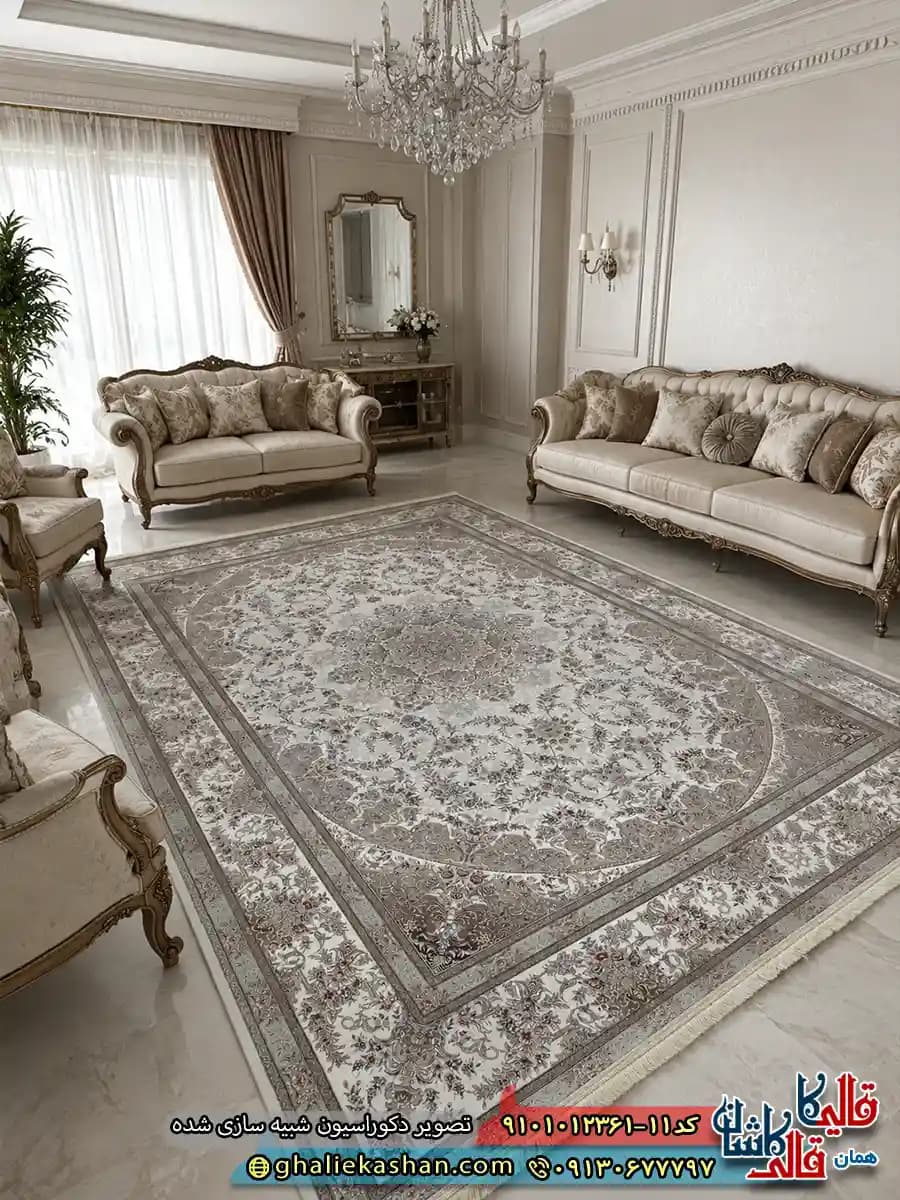 فرش 1200 شانه طرح گلستان رنگ کرم کاشان