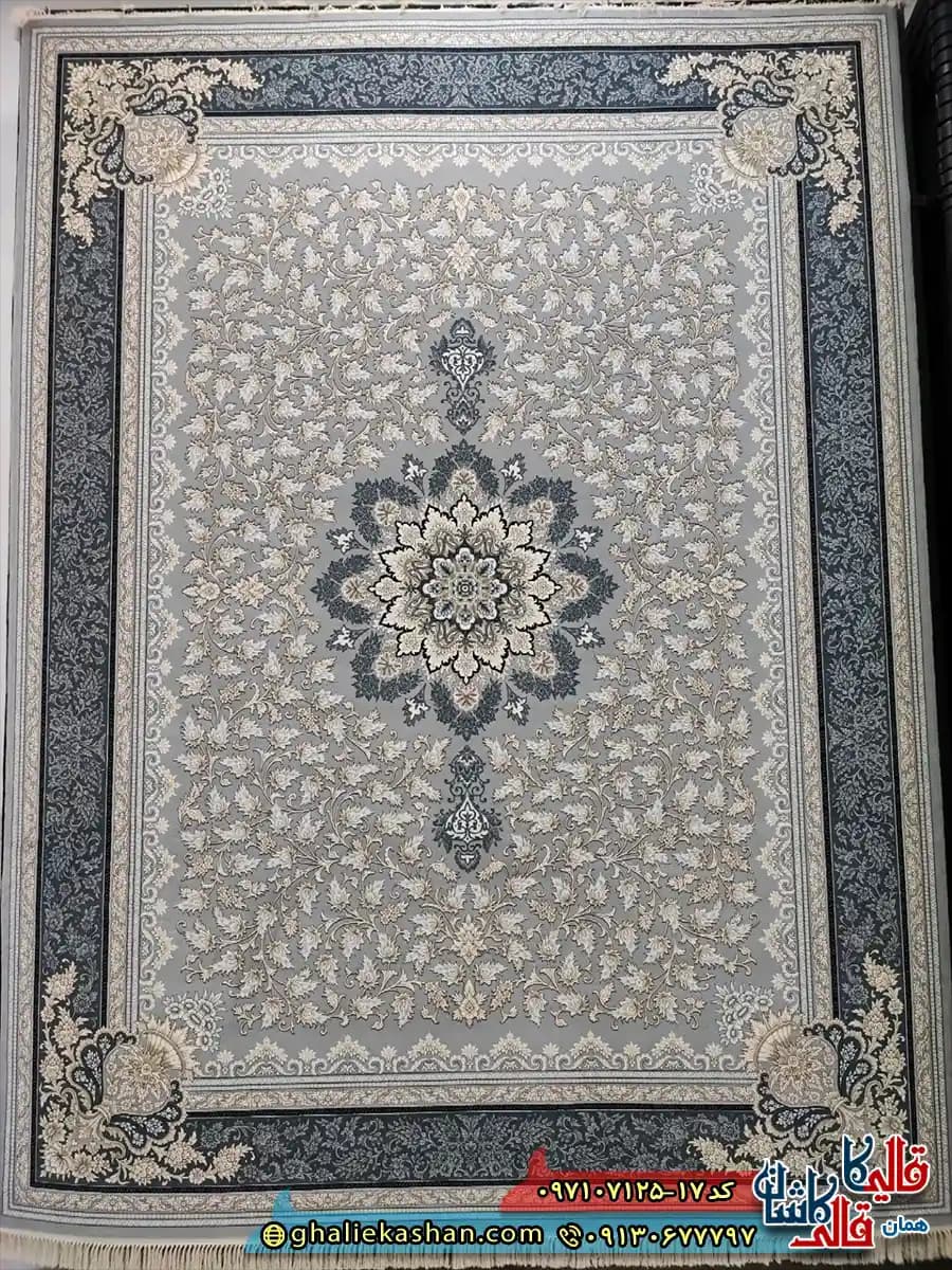 فرش طلاکوب 700 شانه طرح تاج رنگ طوسی نقره ای کاشان