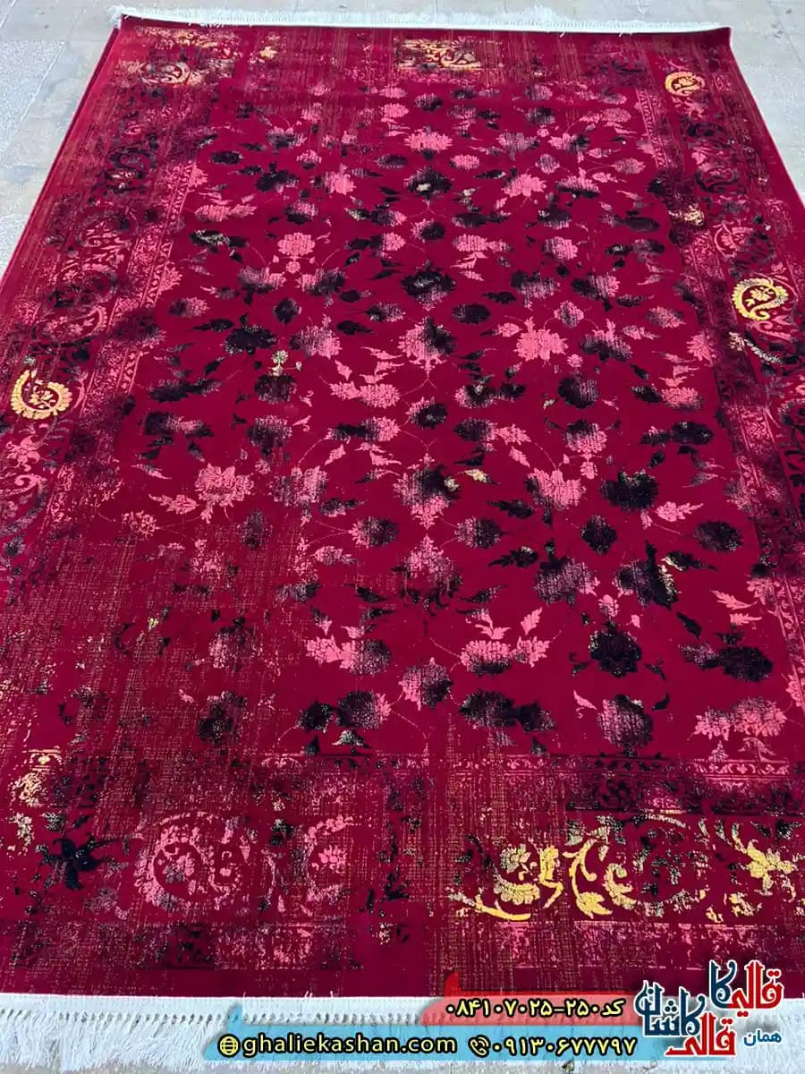 فرش وینتیج 700 شانه طرح افشان پاییز رنگ قرمز روناسی کاشان — تصویر ۲