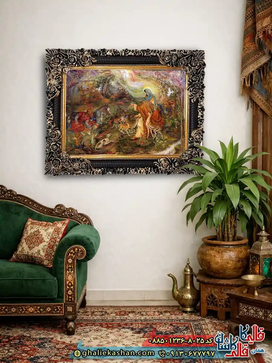 تابلو فرش مذهبی مینیاتور فرشچیان طرح ضامن آهو 8025