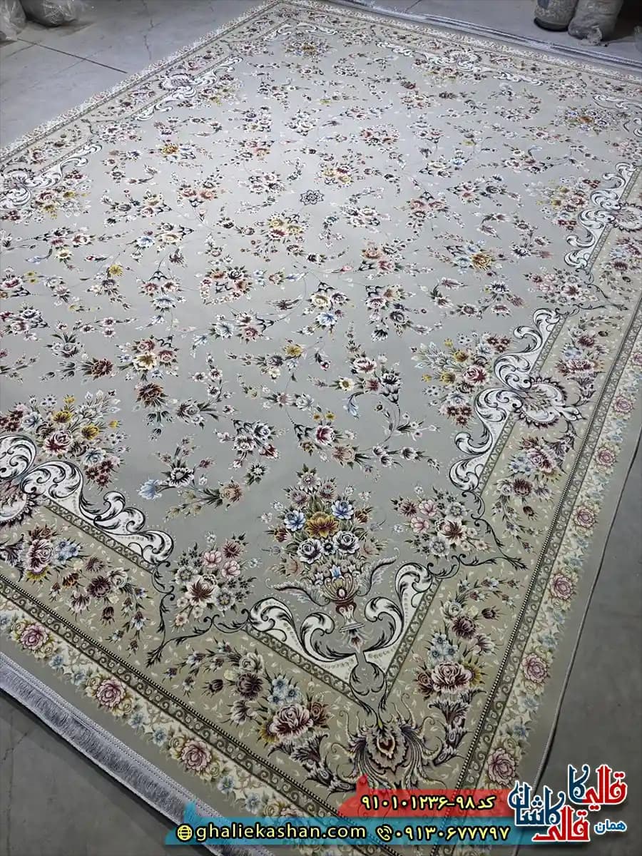 فرش کلاسیک 1200 شانه طرح افشان ماهرو رنگ طوسی نقره ای کاشان