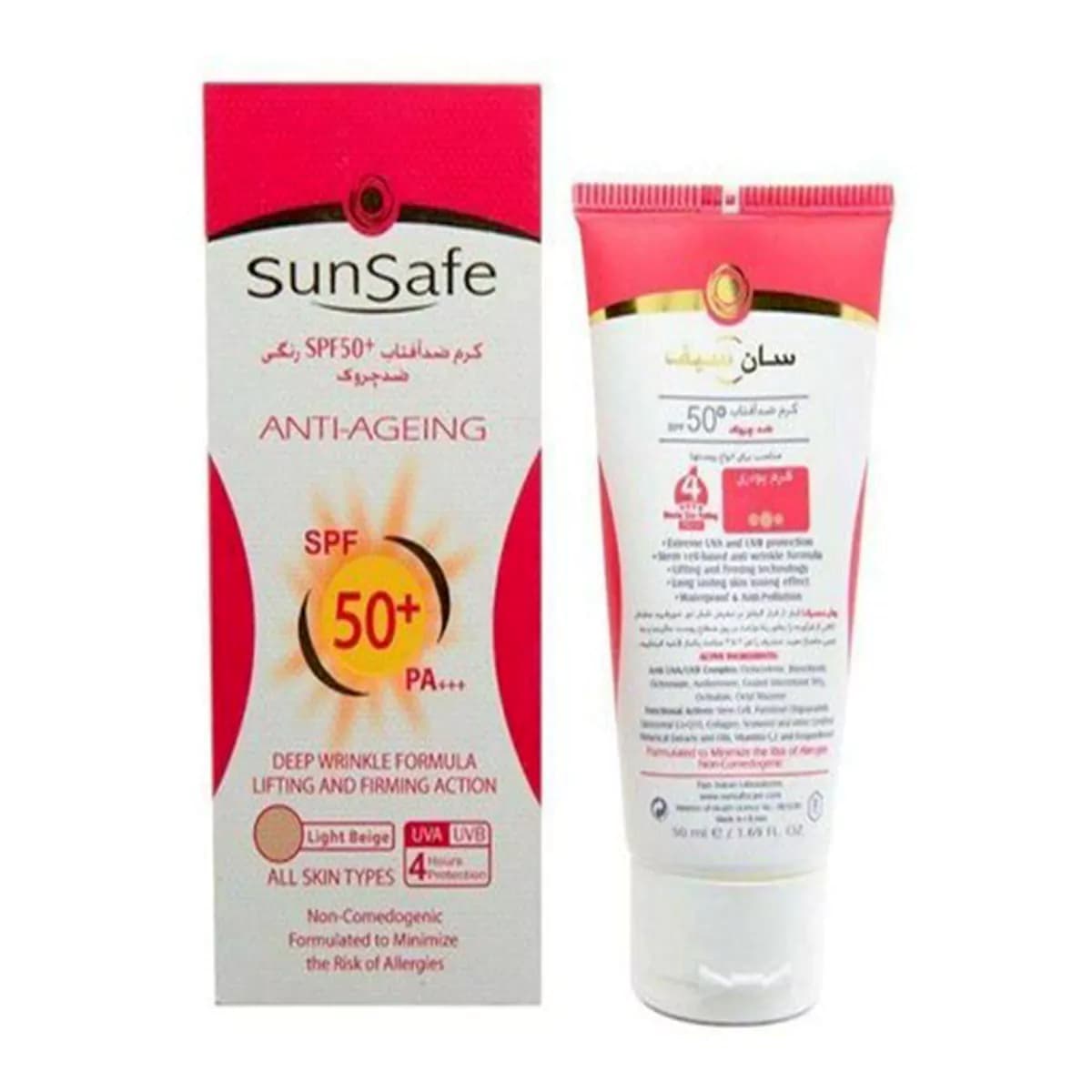 کرم ضد آفتاب و ضد چروک رنگی بژ روشن اس پی اف 50 حجم ۵۰ میلی لیتر سان سیف