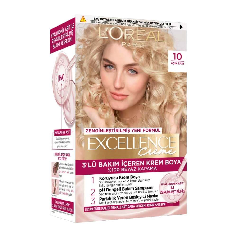 کیت رنگ مو لورال LOREAL مدل EXCELLENCE رنگ بلوند روشن شماره 10 حجم 48 میل — تصویر ۳
