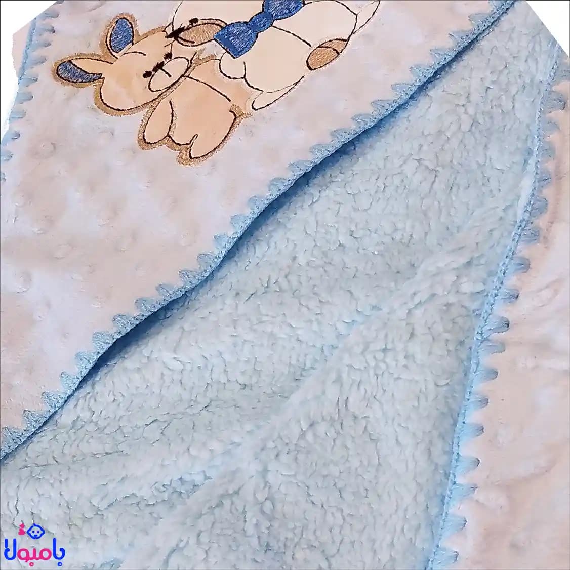 پتو دورپیچ کلاهدار نوزاد آبی طرح خرگوش79*82سانتیمتر — تصویر ۲
