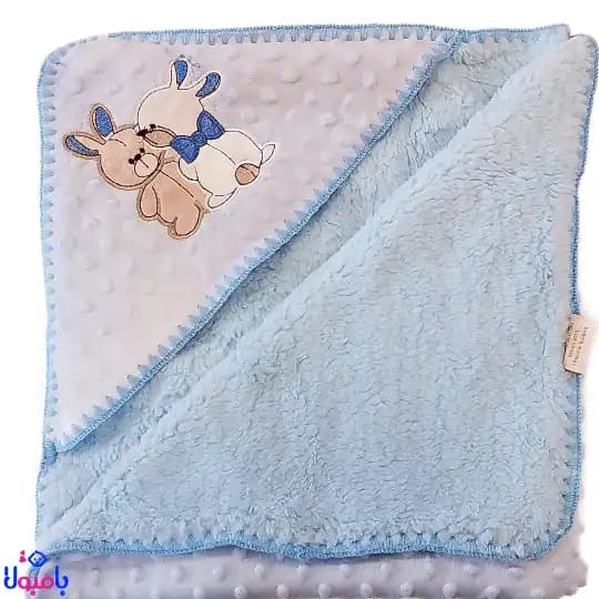 پتو دورپیچ کلاهدار نوزاد آبی طرح خرگوش79*82سانتیمتر — تصویر ۳
